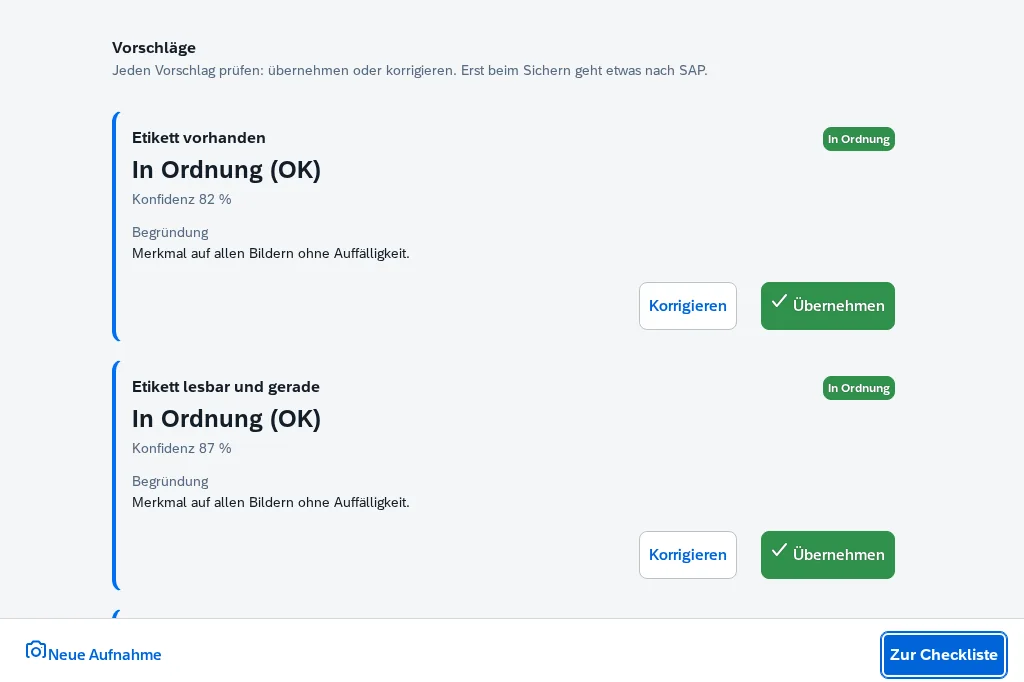 KI-Vorschläge je Merkmal mit Ergebnis, Konfidenz und Begründung sowie den Schaltflächen Übernehmen und Korrigieren