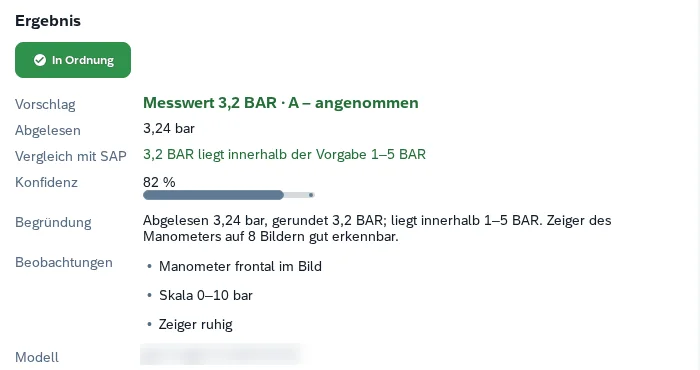 Werkbank-Test: abgelesen 3,24 bar, gerundet 3,2 bar, innerhalb der SAP-Vorgabe 1–5 bar, in Ordnung